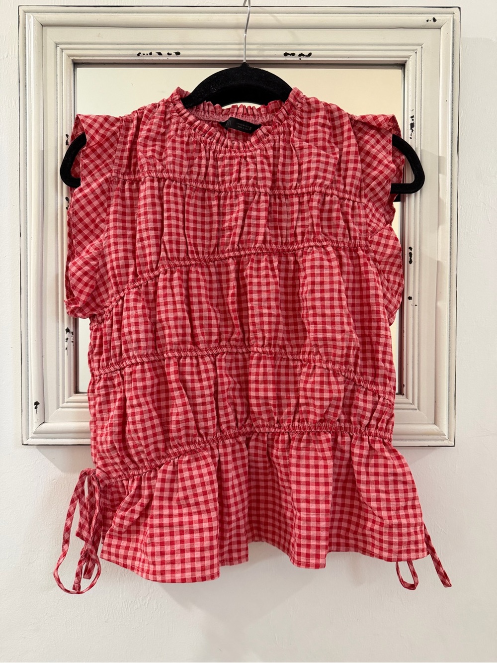ZARA Gingham Ruffle Sleeve Smocked Peplum Top
